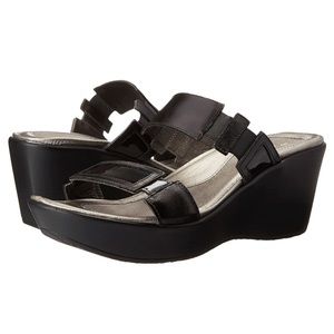 Naot Treasure Wedge Sandals  Black Leather 2-Strap Slip-On Slides - Eur 39